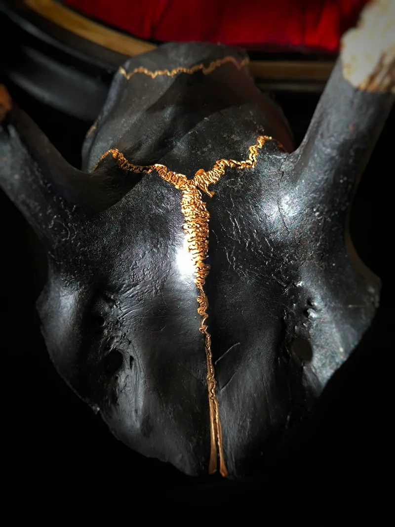 Crâne de daguet noir et or, handmade gothic home decor (2)
