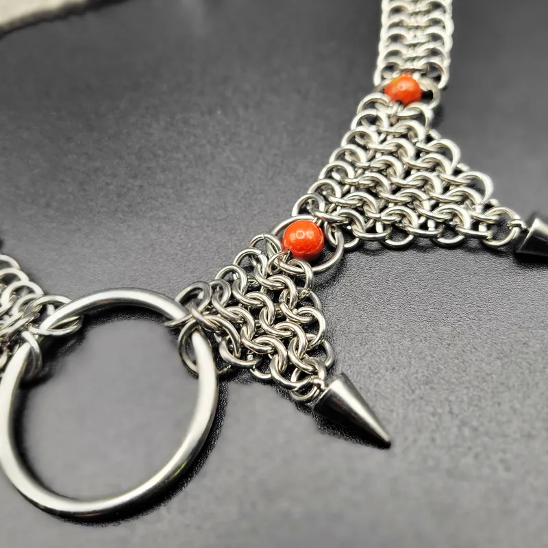 Collier chainmaille Yrsa — Choker — Jaspe rouge, handmade gothic jewelry