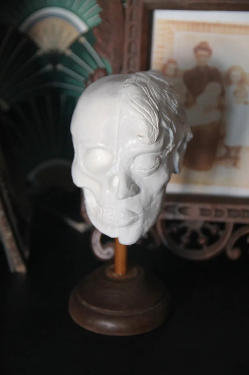 Sculpture demi visage et crane, décoration gothique pour cabinet de curiosité, décoration gothique faite main