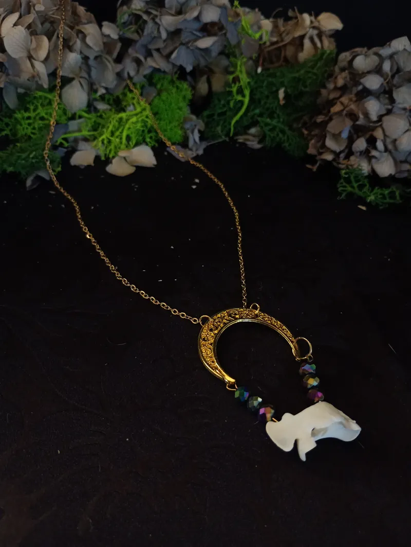 Collier "lune sacrée" Pièce Unique Os de Bassin Véritable & Lune Filigrane | Bijou Païen Sorcière Gothique wiccan dark | Choix Or ou Argent, bijou gothique fait main