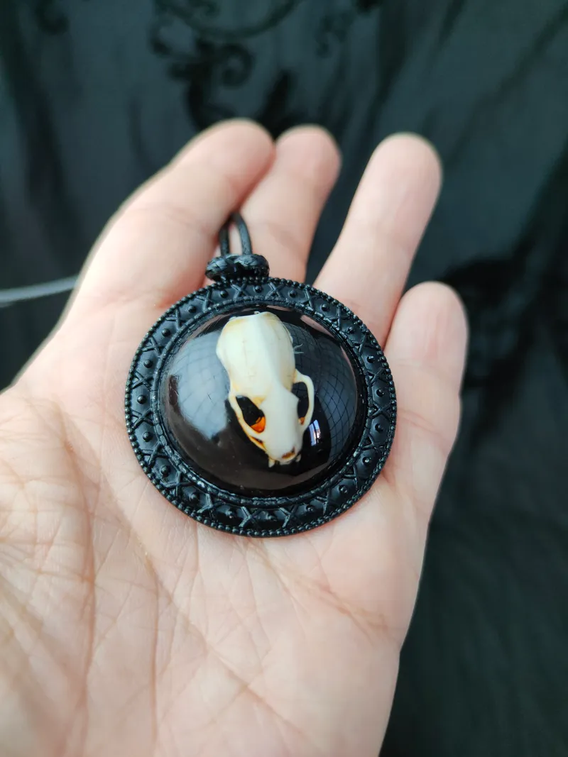 Pendentif Médaillon Crâne d'Hermine en Résine, bijou gothique fait main (2)