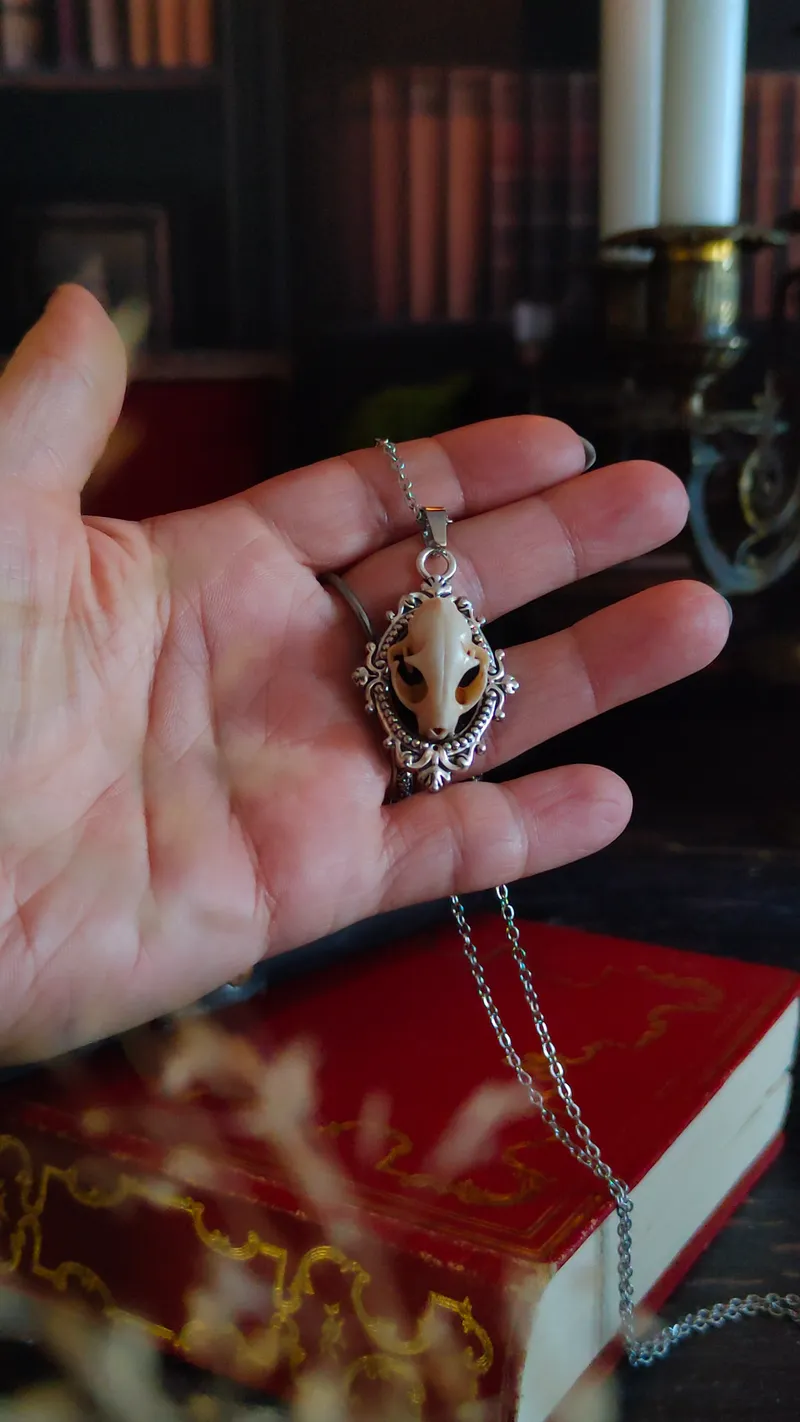 Pendentif Médaillon Crâne de Chat, bijou gothique fait main (2)