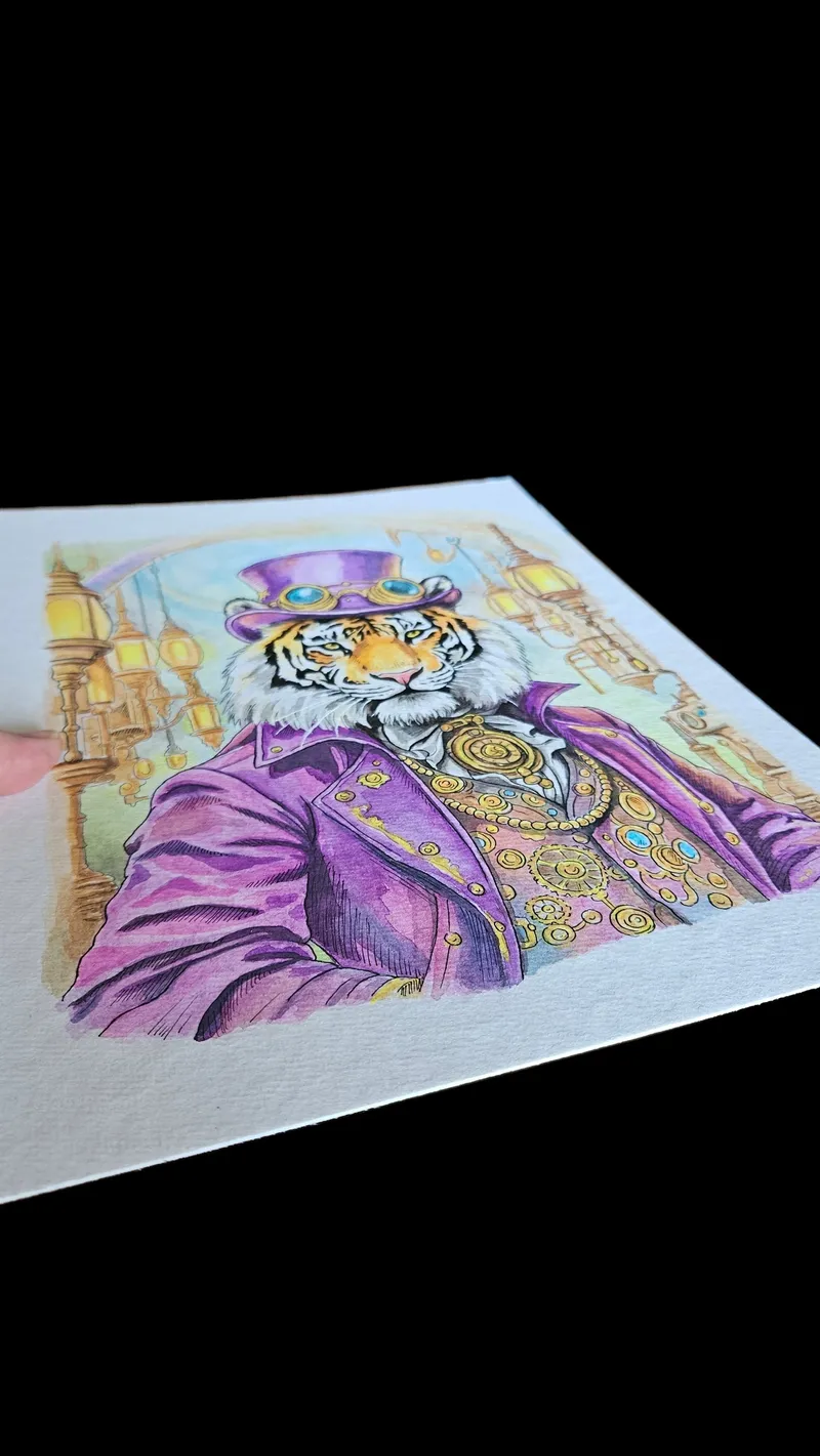 Aquarelle originale tigre steampunk Hadrian, original gothic art (3)