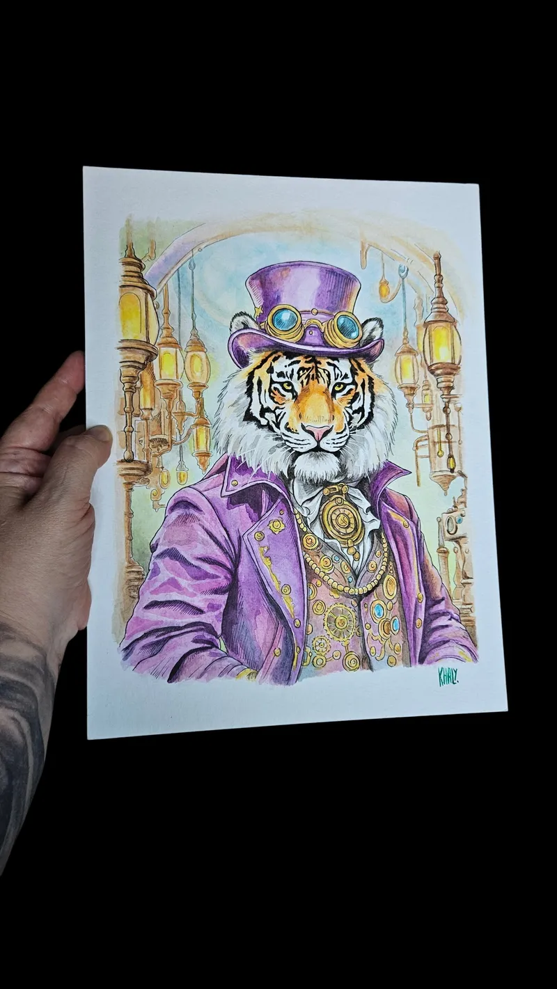 Aquarelle originale tigre steampunk Hadrian, original gothic art (2)