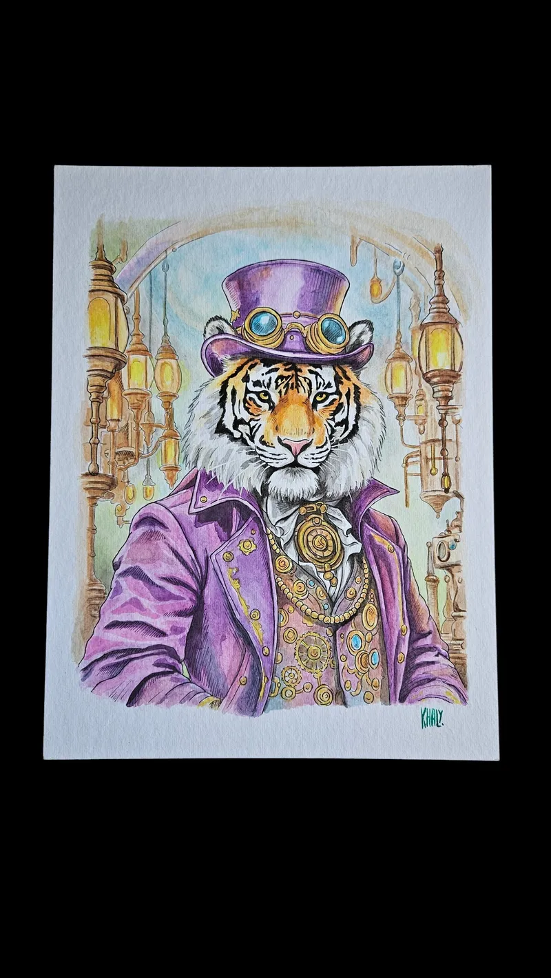 Aquarelle originale tigre steampunk Hadrian, original gothic art