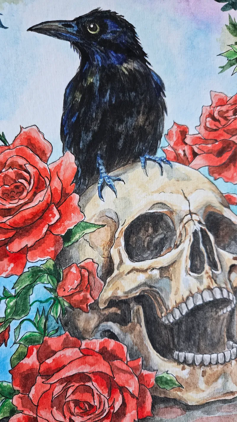 Aquarelle originale corbeau, skull and roses — 3