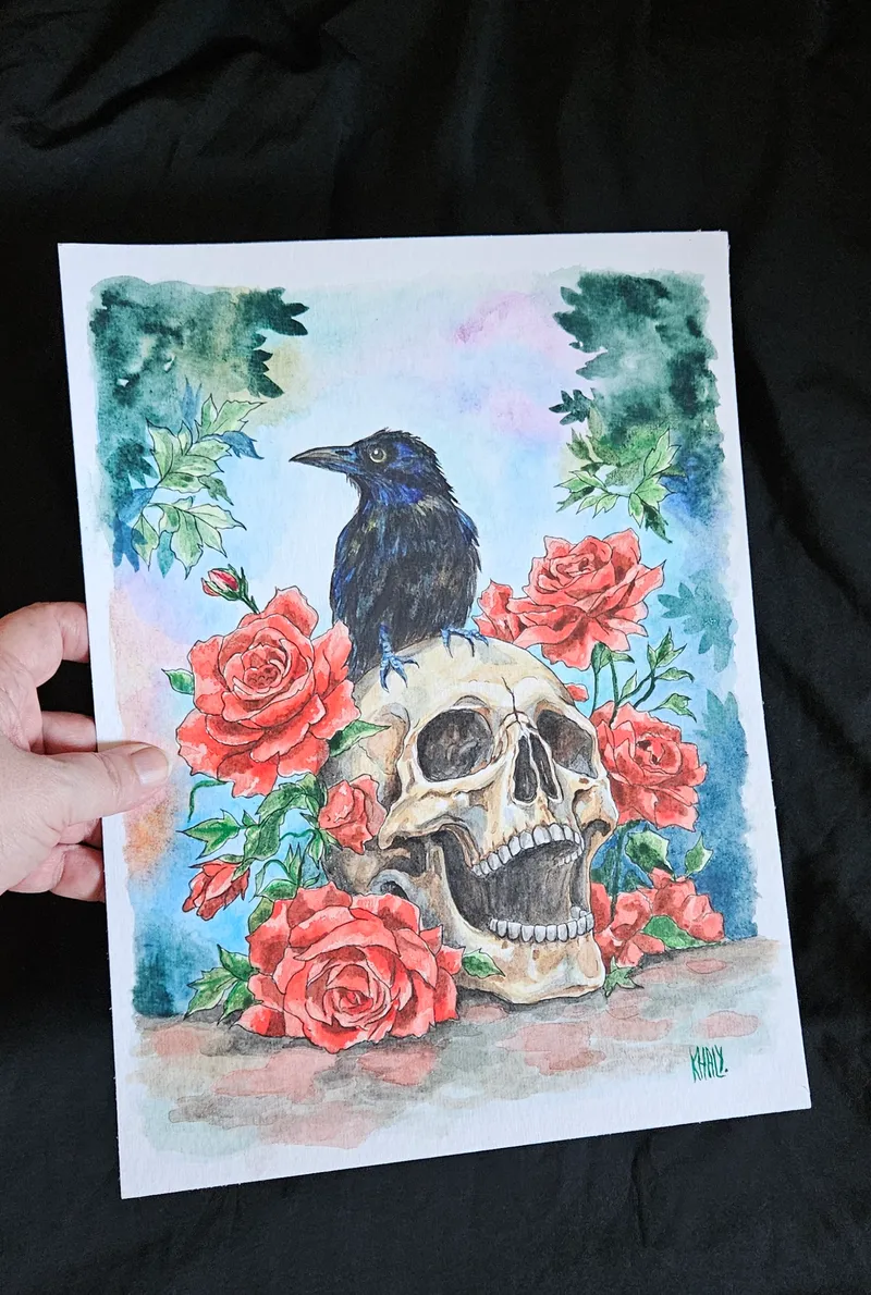 Aquarelle originale corbeau, skull and roses — 2