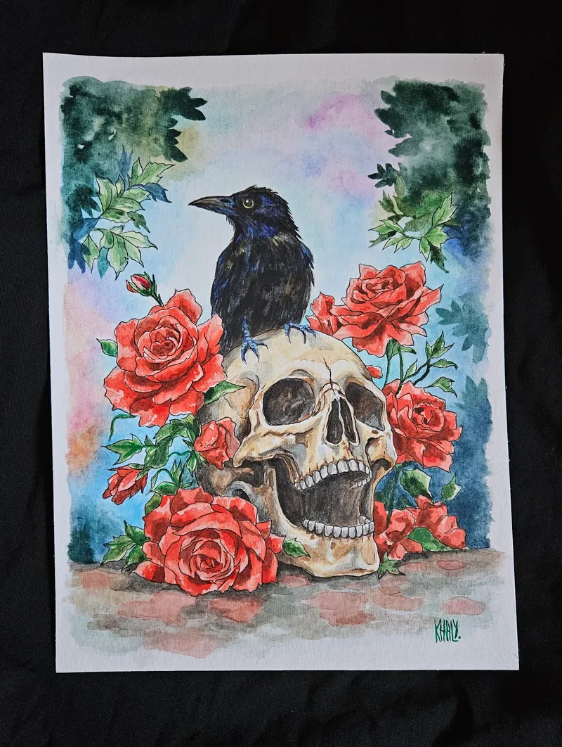 Aquarelle originale corbeau, skull and roses