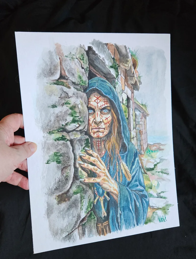 Aquarelle originale sorcière Völva — 2