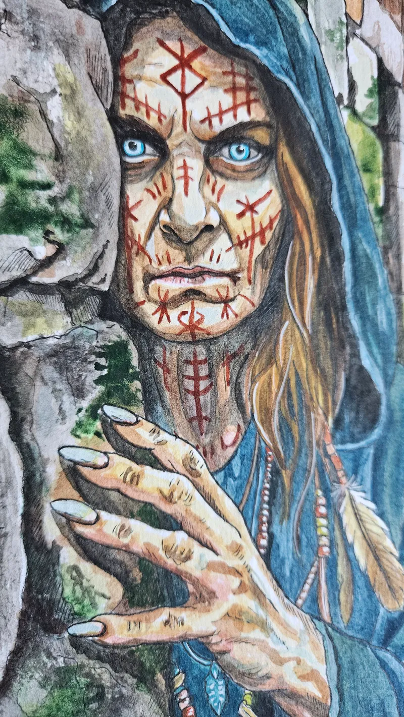 Aquarelle originale sorcière Völva — 3