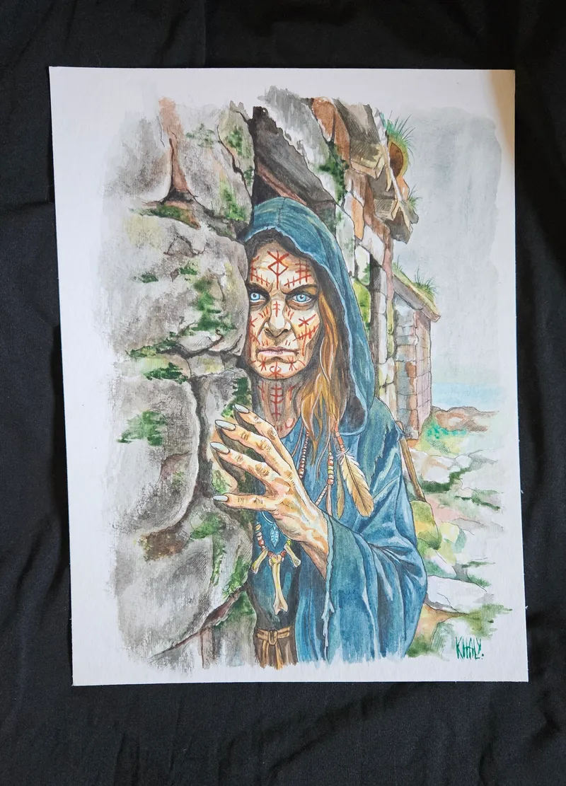 Aquarelle originale sorcière Völva