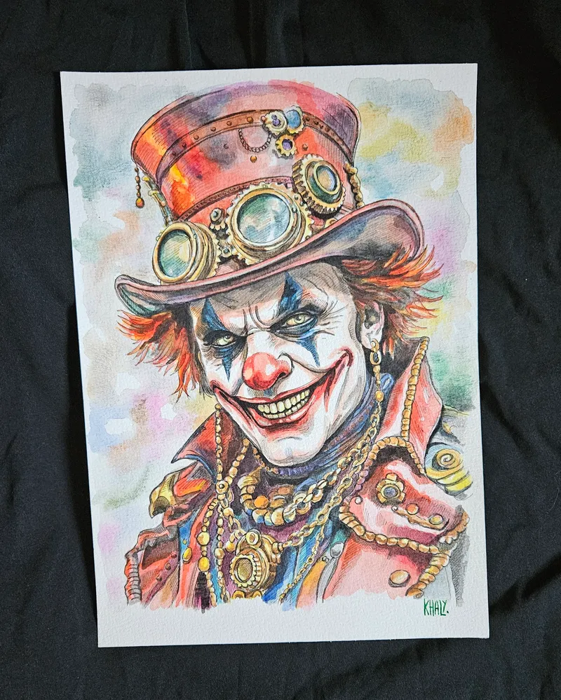 Aquarelle originale clown steampunk