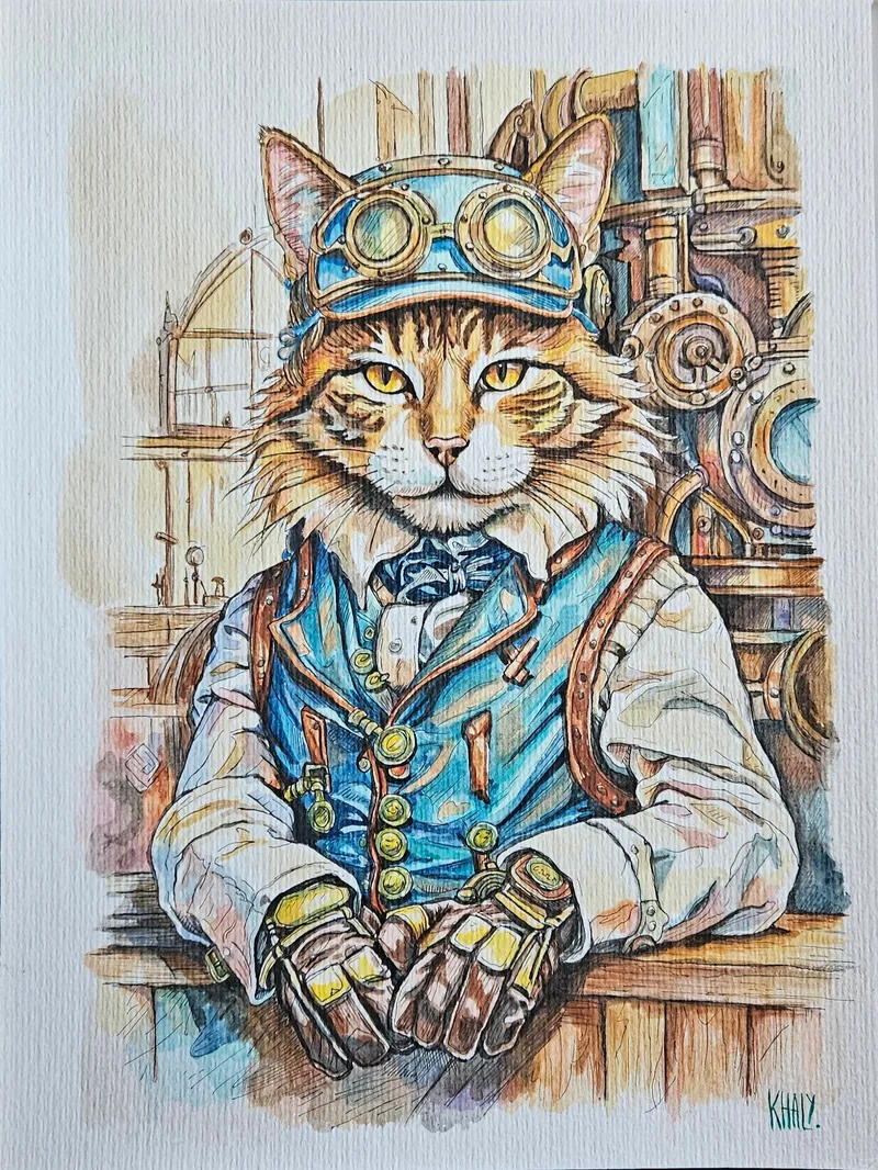 Aquarelle originale chat steampunk Bishop, original gothic art