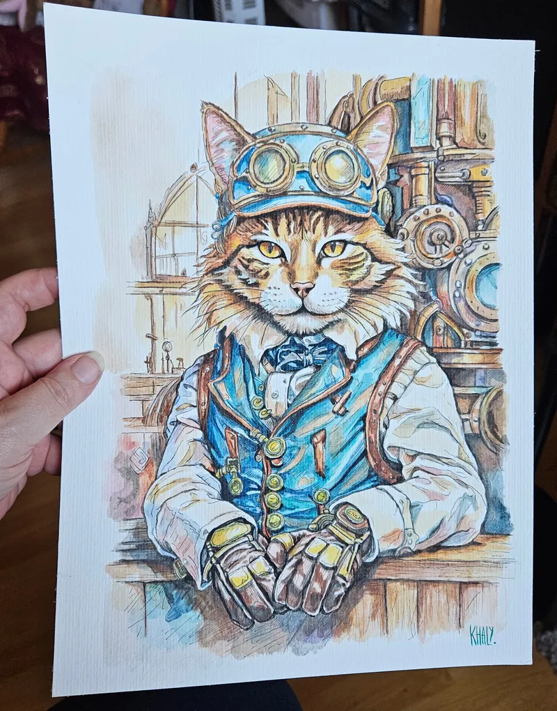 Aquarelle originale chat steampunk Bishop, original gothic art (3)