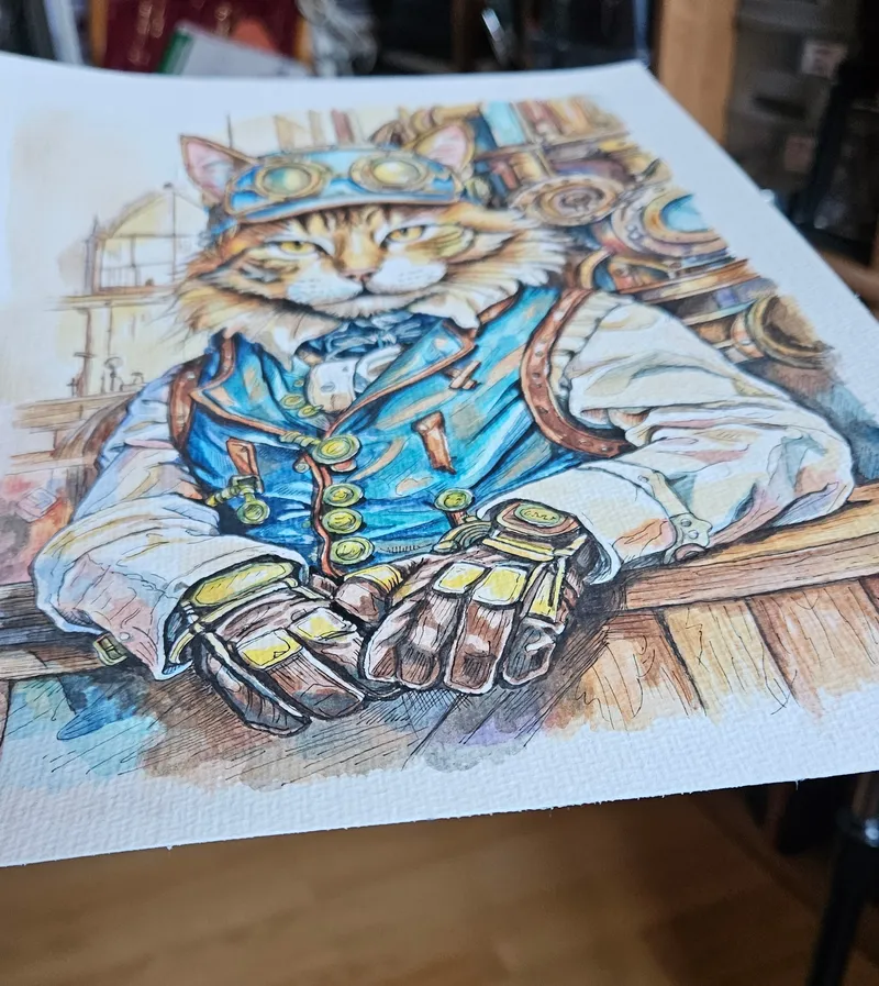 Aquarelle originale chat steampunk Bishop, original gothic art (2)
