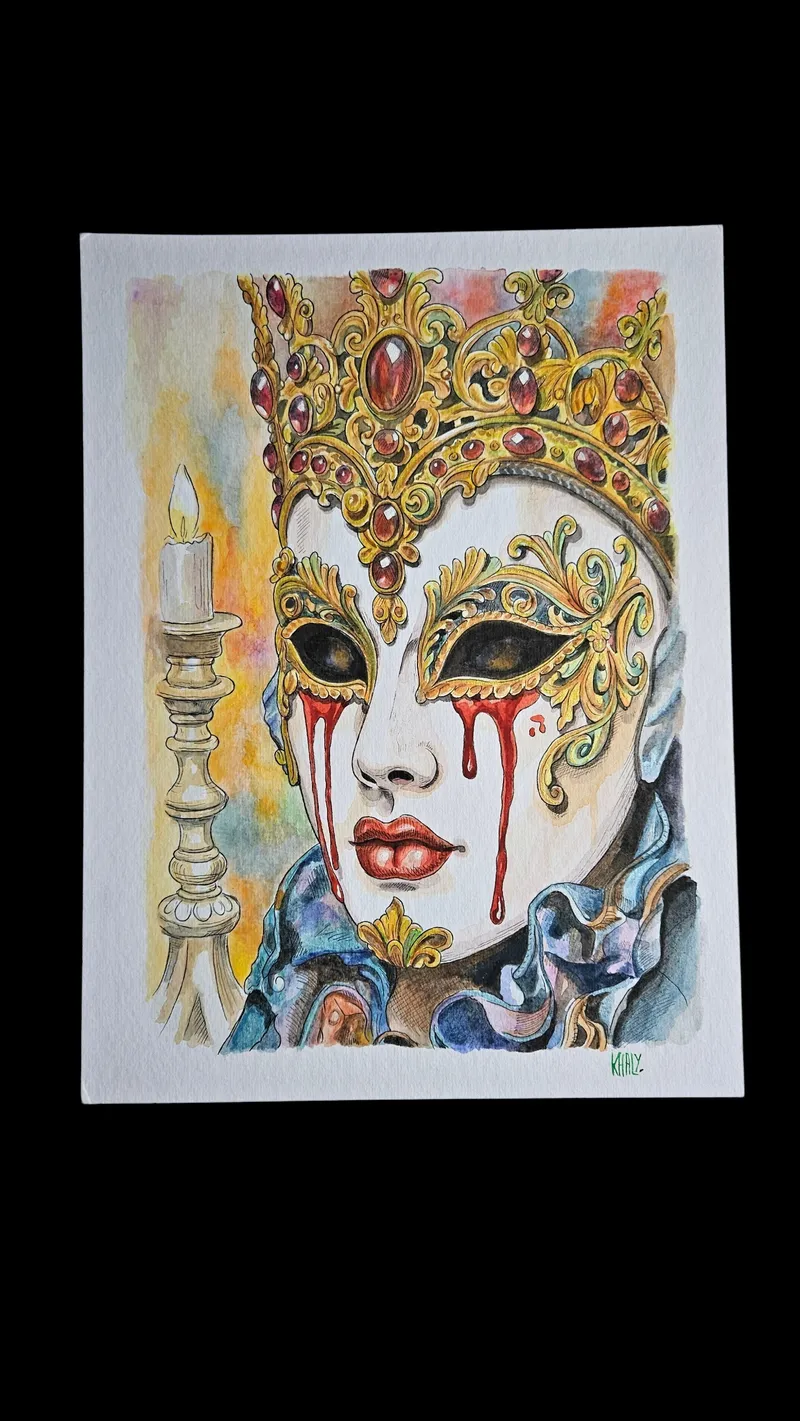 Aquarelle originale masque vénitien aux larmes de sang, art gothique original