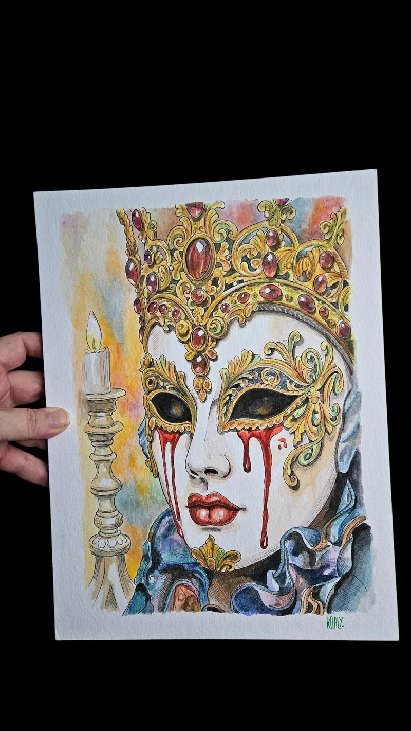 Aquarelle originale masque vénitien aux larmes de sang, art gothique original (2)