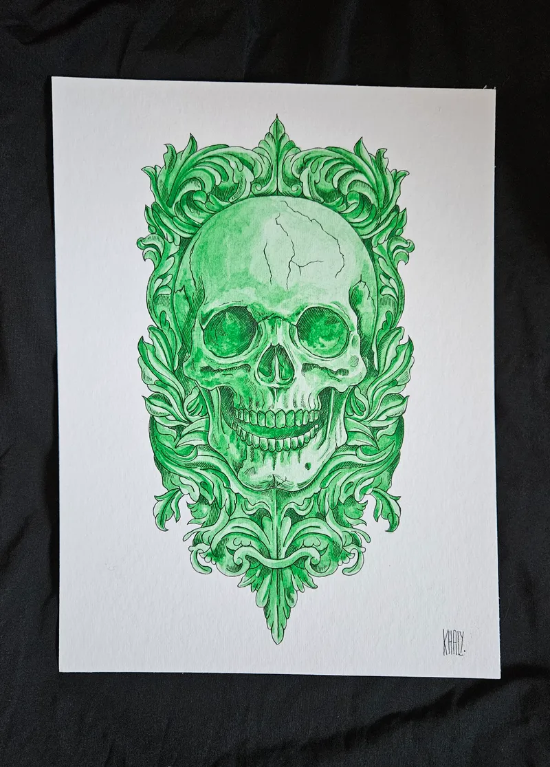 Aquarelle originale crâne vert 