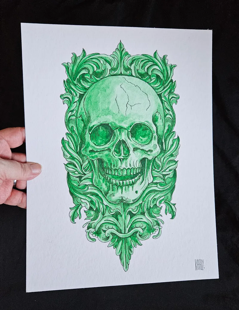 Aquarelle originale crâne vert  — 2