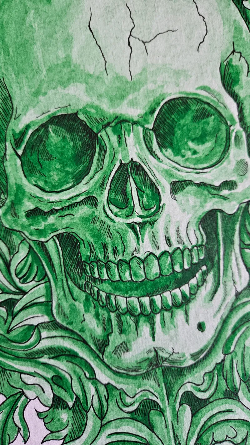 Aquarelle originale crâne vert  — 3