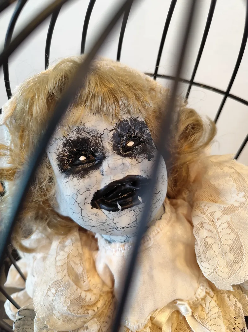 Poupée gothique enfermée en cage – Création artisanale unique – Déco cabinet de curiosités / dark romantique, décoration gothique faite main (2)